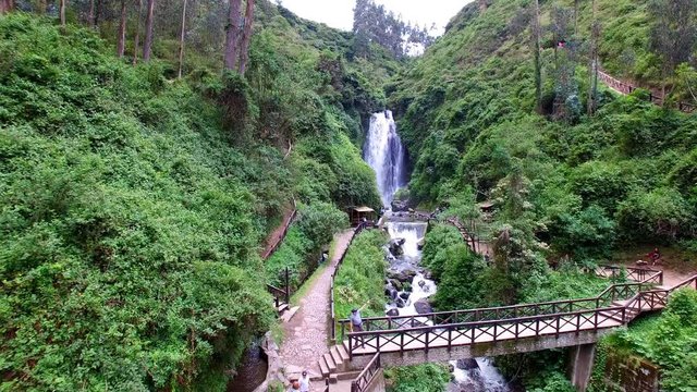 Aerial view of Peguche Waterfall, Rain Forest, drone's perspective, Otavalo, Ecuador