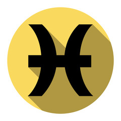 Pisces sign illustration. Vector. Flat black icon with flat shadow on royal yellow circle with white background. Isolated.