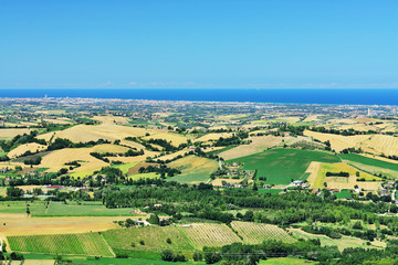 Countryside in Montefiore Conca view to Rimini and Adriatic Sea (near Monte Titano and San Marino), Emilia-Romagna, Italy.
