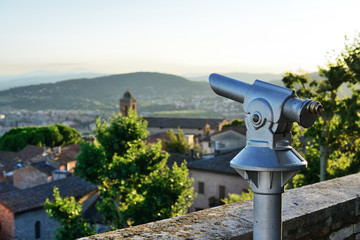 Spyglass and medieval town panorama from view point near Piazza Italia, Perugia, Umbria region, Italy.