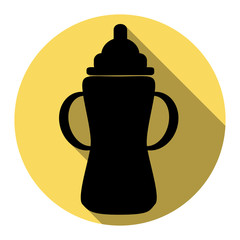 Baby bottle sign. Vector. Flat black icon with flat shadow on royal yellow circle with white background. Isolated.