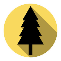 Obraz premium New year tree sign. Vector. Flat black icon with flat shadow on royal yellow circle with white background. Isolated.