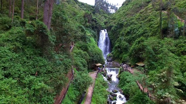Aerial view of Peguche Waterfall, Rain Forest, drone's perspective, Otavalo, Ecuador