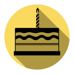 Birthday cake sign. Vector. Flat black icon with flat shadow on royal yellow circle with white background. Isolated.