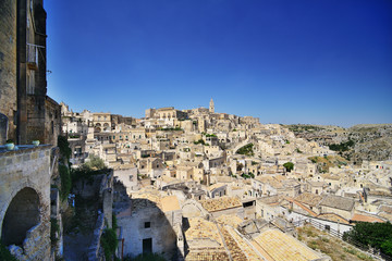Obraz premium Panoramic view of the medieval ancient town of Matera (Sassi di Matera), Basilicata, Italy.