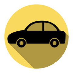 Car sign illustration. Vector. Flat black icon with flat shadow on royal yellow circle with white background. Isolated.