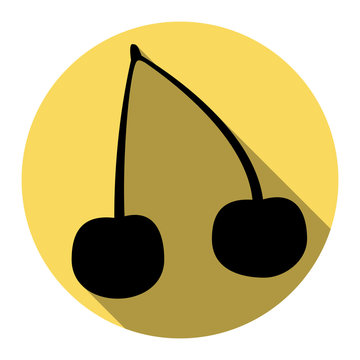 Cherry sign illustration. Vector. Flat black icon with flat shadow on royal yellow circle with white background. Isolated.