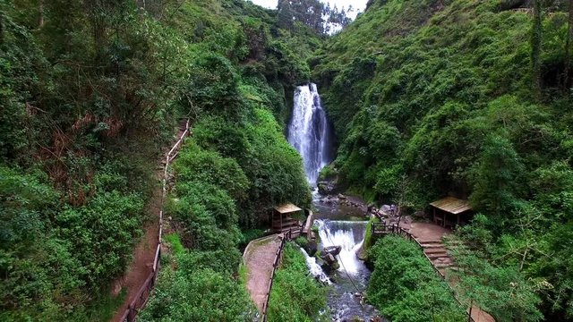 Aerial view of Peguche Waterfall, Rain Forest, drone's perspective, Otavalo, Ecuador
