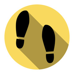 Imprint soles shoes sign. Vector. Flat black icon with flat shadow on royal yellow circle with white background. Isolated.