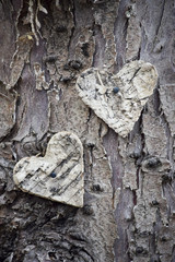 Hearts from birch bark on wooden structure