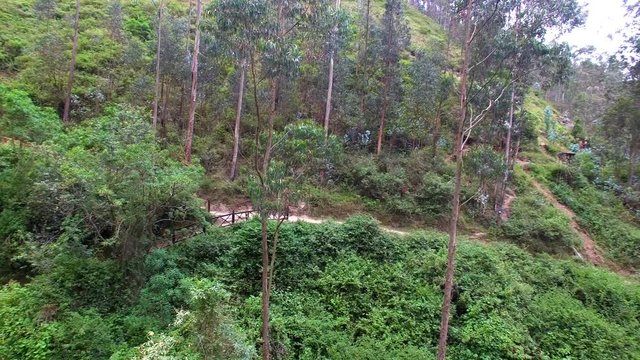 Aerial view of Peguche Waterfall, Rain Forest, drone's perspective, Otavalo, Ecuador
