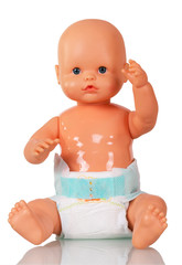 Baby doll in diaper isolated in white.
