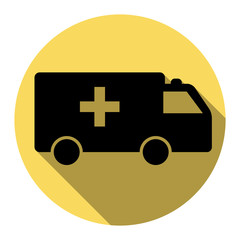 Ambulance sign illustration. Vector. Flat black icon with flat shadow on royal yellow circle with white background. Isolated.