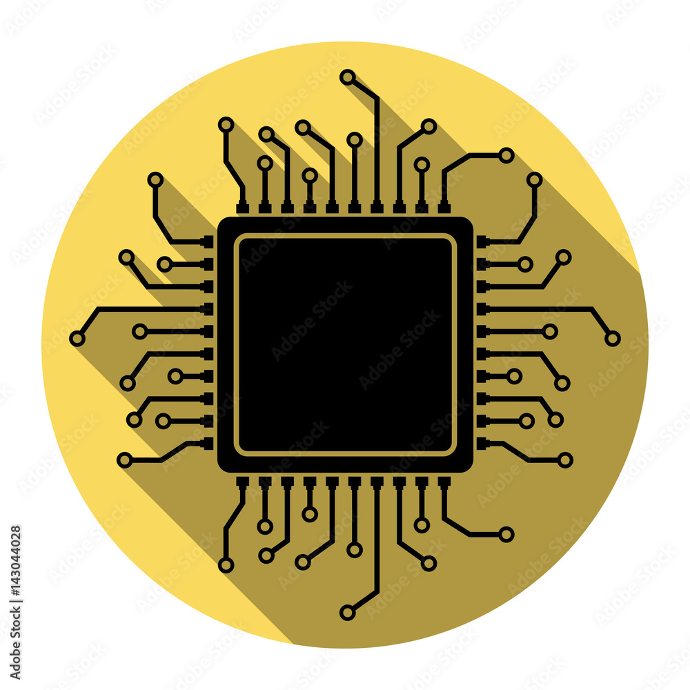 Poster cpu microprocessor illustration. vector. flat black icon with flat shadow on royal yellow circle wit