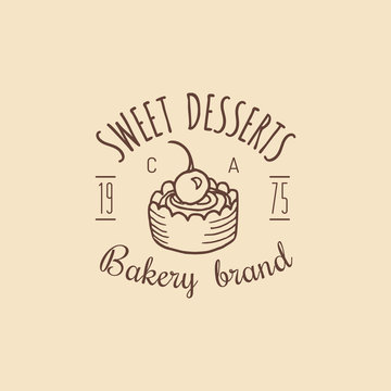Vintage bakery logo. Vector typographic poster with cake. Retro emblem of sweet cookie. Biscuit sign. Desert emblem.