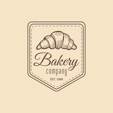 Croissant logo. Vintage bakery icon.Retro emblem of sweet cookie.Hipster pastry label.Biscuit sign. Desert illustration.