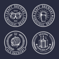 Old brewery logos set. Kraft beer retro signs or icons with hand sketched glass, barrel etc. Vector vintage badges.