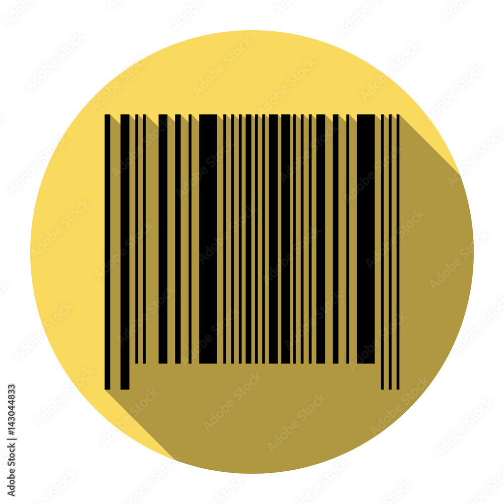 Poster bar code sign. vector. flat black icon with flat shadow on royal yellow circle with white background