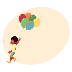Black African American boy running with a bunch of colorful balloons, cartoon vector illustration with place for text. Black African boy running with balloons, summer outdoor activity