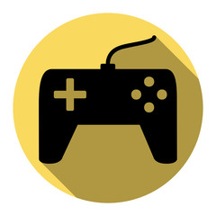 Joystick simple sign. Vector. Flat black icon with flat shadow on royal yellow circle with white background. Isolated.