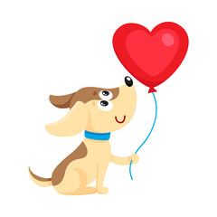 Cute and funny dog, puppy holding red heart shaped balloon, cartoon vector illustration isolated on white background. Dog, puppy holding heart balloon, birthday greeting decoration