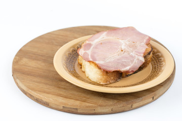 French toast bread on eggs with domestic smoked pork ham