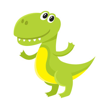Cute and funny smiling baby tyrannosaurus, dinosaur, cartoon vector illustration isolated on white background. Funny, happy T-rex dinosaur, tyrannosaurus character, decoration element