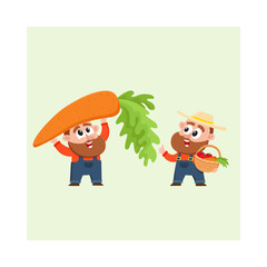Funny farmer, gardener characters in overalls harvesting vegetables, holding giant carrot, woven basket, cartoon vector illustration isolated on white background. Comic farmer characters, harvest