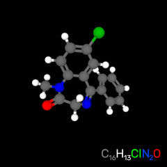 Diazepam (valium) model molecule. 3d Vector illustration.