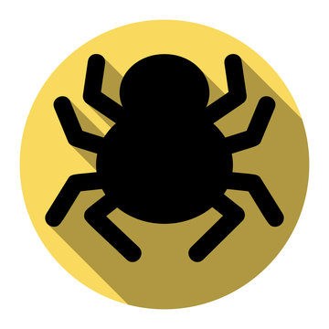 Spider sign illustration. Vector. Flat black icon with flat shadow on royal yellow circle with white background. Isolated.