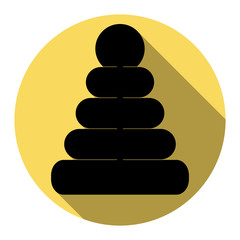 Pyramid sign illustration. Vector. Flat black icon with flat shadow on royal yellow circle with white background. Isolated.