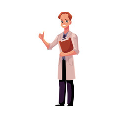 Male, man doctor in white medical coat holding clipboard and showing thumb up, cartoon vector illustration isolated on white background. Full length portrait of male, man doctor giving thumb up
