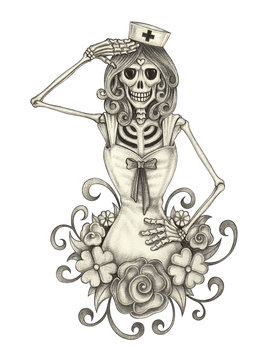 Nurse skeleton day of the dead hand pencil drawing on paper.