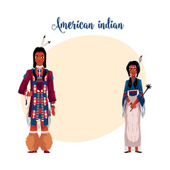 Native American Indian couple in national clothes, wearing tribal fringed shirts, cartoon vector illustration with place for text. Native American, Indian people in national clothes