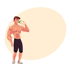 Man bodybuilder, weightlifter drinking protein shake after training, cartoon vector illustration with place for text. Full length portrait of man bodybuilder drinking protein shake