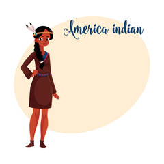 Native American Indian woman in traditional, national short buckskin dress, cartoon vector illustration with place for text. Native American, Indian woman in national clothes