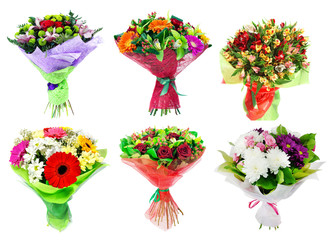Set of Bouquet of colorful flowers isolated on white background