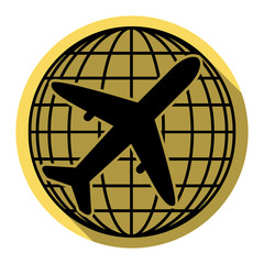 Globe and plane travel sign. Vector. Flat black icon with flat shadow on royal yellow circle with white background. Isolated.