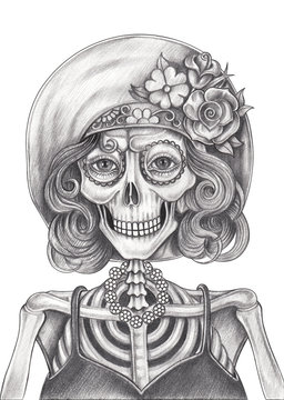 Art women skull day of the dead.Hand pencil drawing on paper.