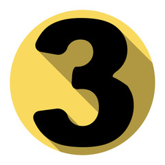 Number 3 sign design template element. Vector. Flat black icon with flat shadow on royal yellow circle with white background. Isolated.