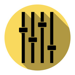 Adjustment music line sign. Vector. Flat black icon with flat shadow on royal yellow circle with white background. Isolated.