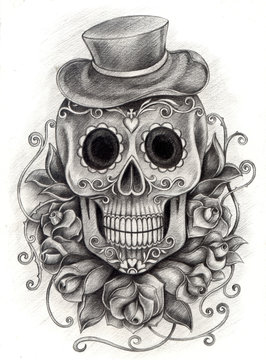 Art Sugar Skull.Hand pencil drawing on paper.