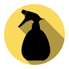 Spray bottle for cleaning sign. Vector. Flat black icon with flat shadow on royal yellow circle with white background. Isolated.
