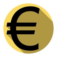 Euro sign. Vector. Flat black icon with flat shadow on royal yellow circle with white background. Isolated.