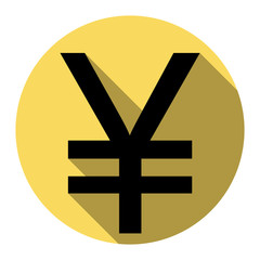 Obraz premium Yen sign. Vector. Flat black icon with flat shadow on royal yellow circle with white background. Isolated.