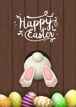 Easter motive, bunny bottom and easter eggs on brown wooden background, illustration