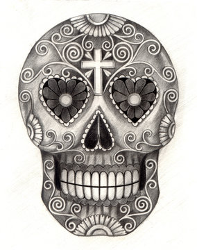 Art Sugar Skull.Hand pencil drawing on paper.