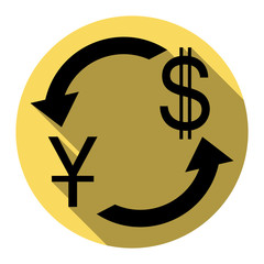 Currency exchange sign. China Yuan and US Dollar. Vector. Flat black icon with flat shadow on royal yellow circle with white background. Isolated.