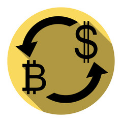 Currency exchange sign. Bitcoin and US Dollar. Vector. Flat black icon with flat shadow on royal yellow circle with white background. Isolated.
