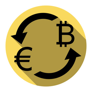 Currency exchange sign. Euro and Bitkoin. Vector. Flat black icon with flat shadow on royal yellow circle with white background. Isolated.